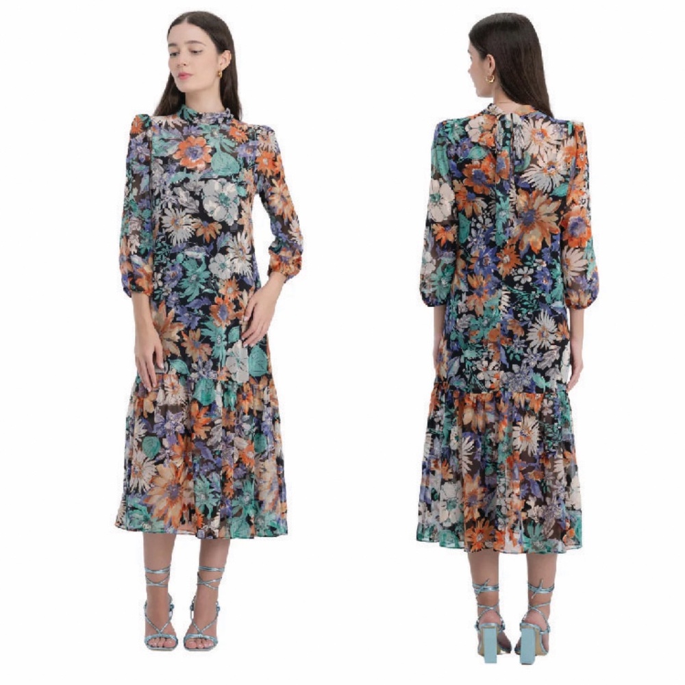 CAMILA Vibrant Floral Floral Tiered Midi Dress Size 2 Feminine Garden Wedding